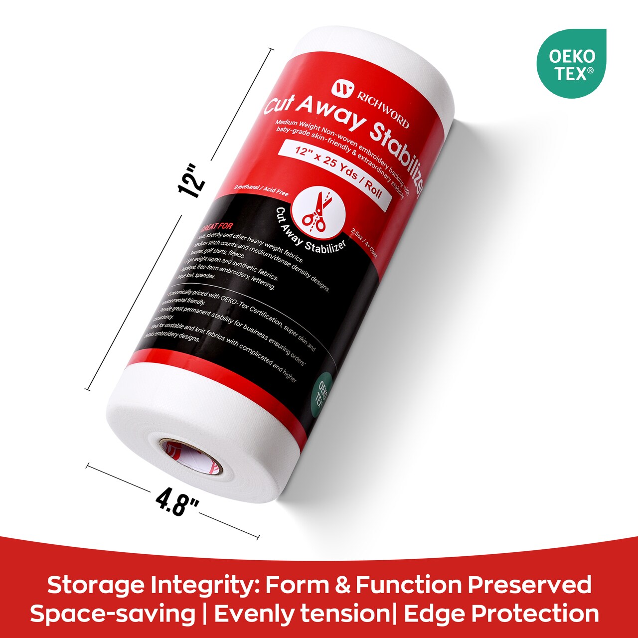 Richword Selected Cut Away Embroidery Stabilizer for Knits, 2.5 oz Medium Weight Permanent Anti-Pucker Backing, 9 x 9 in Sheets (4x4 & 6x6 Hoops), 12 x 12 in Sheets (5x7 & Larger Hoops), 12 in x 25 yd & 50 yd Rolls for Hoodies, Fleece & Babywear